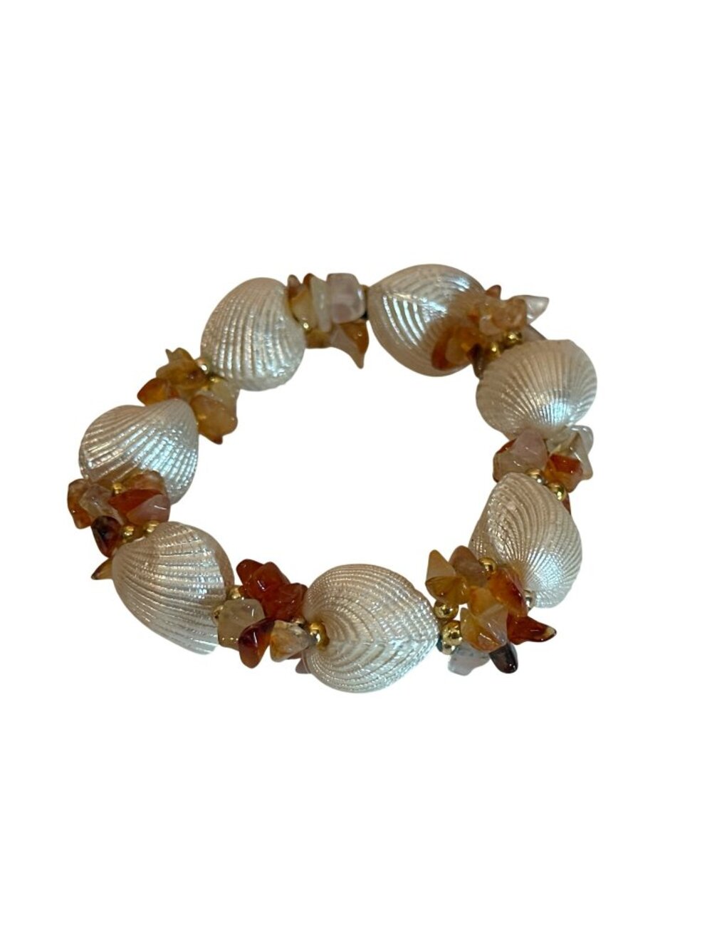 Shell & Gemstone Stretch Bracelet Gold Accents Handmade Beach Core Vacation
